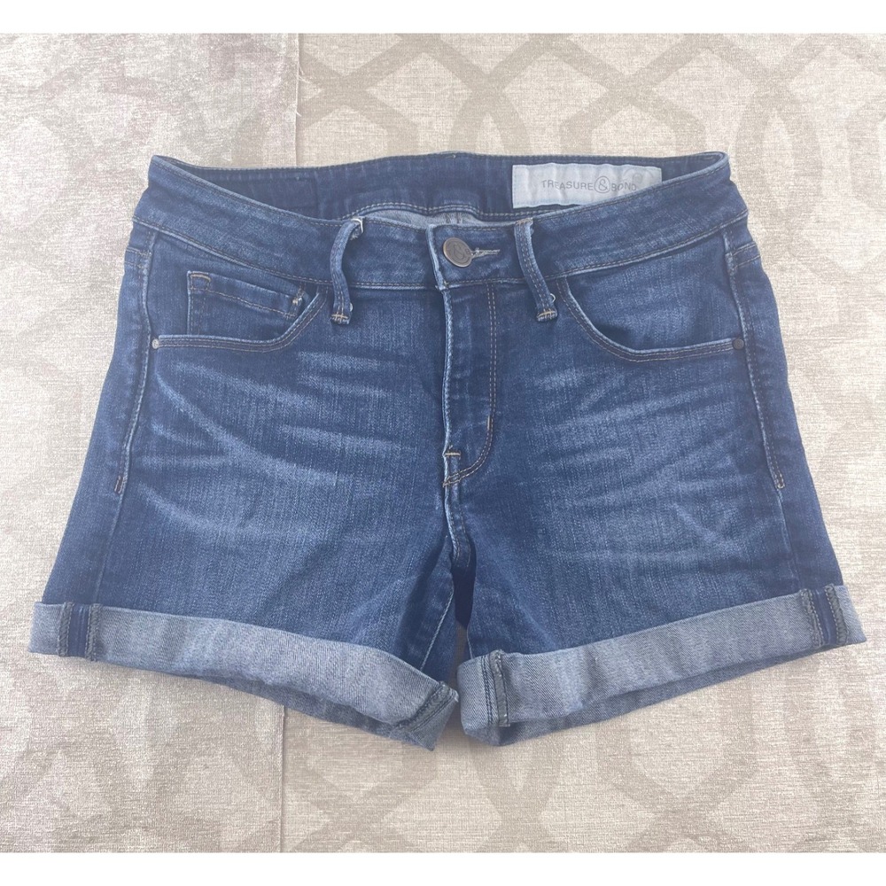 Treasure Bond‎ Womens Blue Denim Skinny Fit Cuffed Shorts Size 25